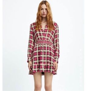 Zara Pink and Black long sleeve plaid mini dress in size small. NWT